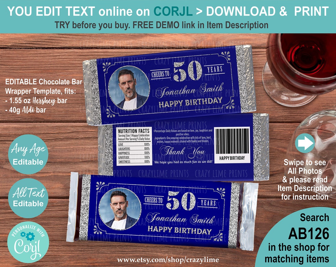 EDITABLE 50th Birthday Chocolate Candy Bar Wrapper Personalised
