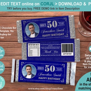 EDITABLE 50th Birthday Chocolate Candy Bar Wrapper Personalised Template With Photo. Cheers to 50 Years Man Adult Party Favors Treat AB126