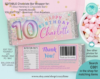 EDITABLE Girl 10th Birthday Chocolate Candy Bar Wrapper Personalised Name Template. Rainbow Pink and Silver 1.55 oz Treat Party Favor C001