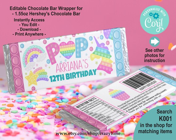 EDITABLE Pop It Birthday Chocolate Candy Bar Wrapper | Etsy