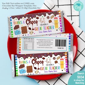Pode incluir: Embalagens de barras de chocolate com tema de apreço ao professor. As embalagens apresentam o texto "Thanks a Choco-lot for being a Great Teacher" com barras de chocolate de desenho animado, um lápis e detalhes coloridos. Para barras de 35-40g.