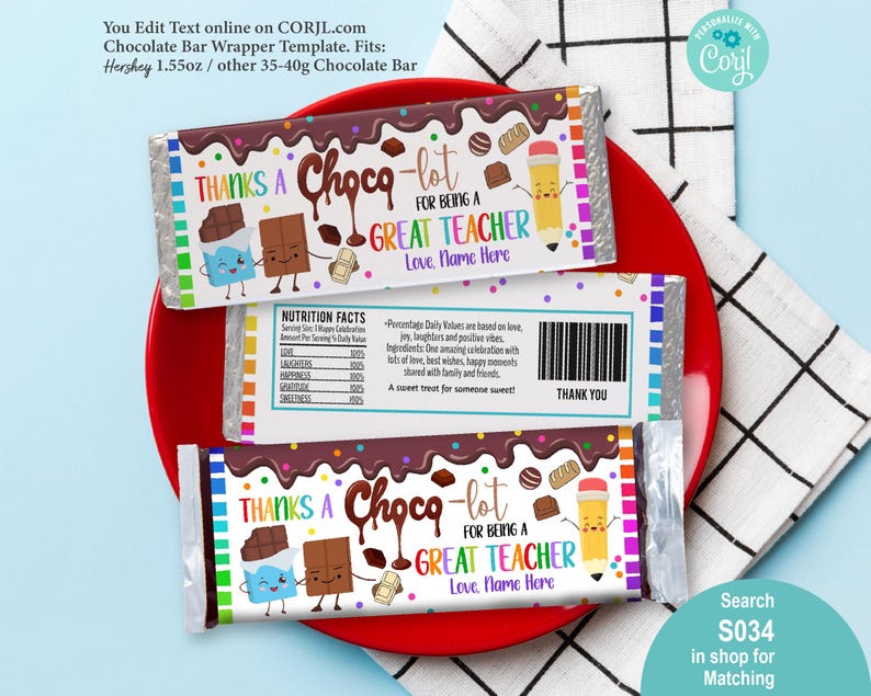 Teacher Appreciation Chocolate Candy Bar Wrapper EDITABLE Template ...
