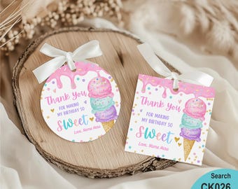 Ice Cream Thank You Tag | Birthday Party Favor Label (Editable, Printable Digital Download) CK026