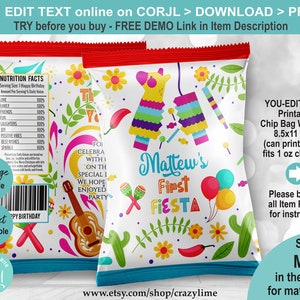 Puede incluir: Plantilla de envoltorio de bolsa de chips imprimible con un tema de fiesta colorido con una piñata, maracas, una guitarra y un chile. El texto "Matthew's First Fiesta" está incluido en el envoltorio. El envoltorio mide 8,5x11 pulgadas y cabe en una bolsa de chips de 1 oz.