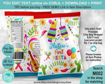 EDITABLE First Fiesta Birthday Chip Bag Template. Piñata Personalised Name Kid Baby Party Favors. Nacho Crisp Treat Label Printable. M002