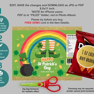 EDITABLE St Patricks Day Chip Bag Template. Kid Saint Patrick's Party Favors. Personalised Text Name Crisp Candy Treat Label SP001 image 2