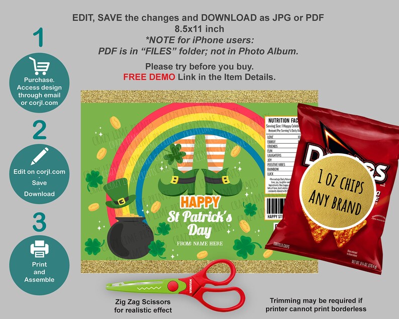 EDITABLE St Patricks Day Chip Bag Template. Kid Saint Patrick's Party Favors. Personalised Text Name Crisp Candy Treat Label SP001 image 2