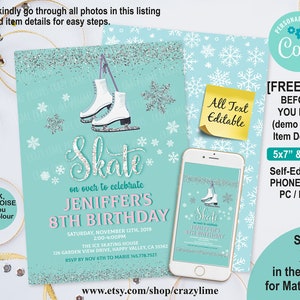 EDITIERBARE Schlittschuh Mädchen Geburtstagseinladungsvorlage. Personalisierte digitale einladen. Silber und Blaugrün Skating Party. Sofortiger Download Datei X155