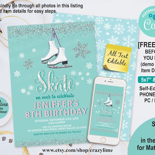 EDITABLE Ice Skate Girl Birthday Invitation Template. Personalised Digital Invite. Silver and Teal Skating Party. Instant Download File X155