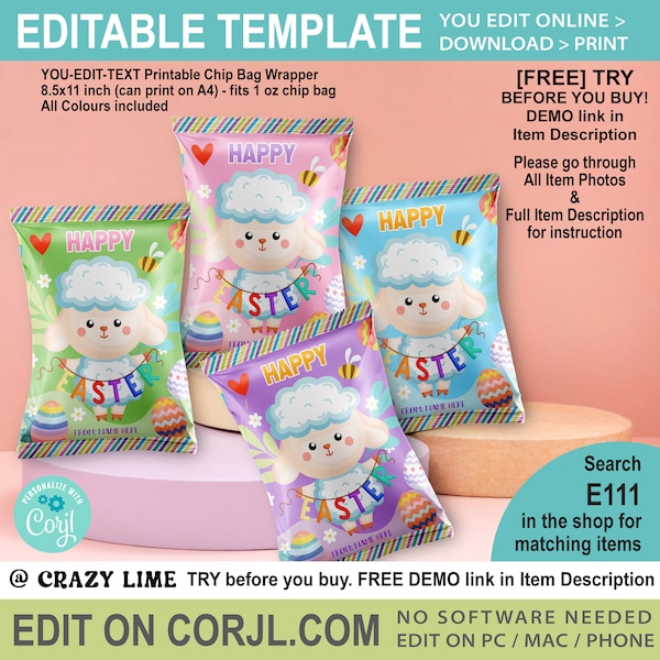 EDITABLE Happy Easter Lamb Chip Bag Template Set Of 3 Bundle. Sheep Easter Egg Hunt Party Favors. Personalised Text Name Candy Treat E111