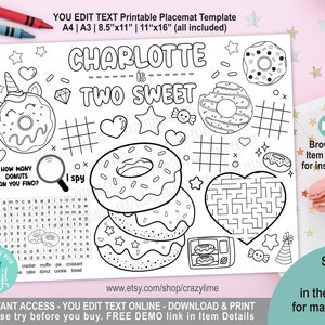 EDITABLE Donut Two Sweet 2nd Birthday Party Placemat. Personalised Coloring Game Activity Table Decoration. Printable Digital. Corjl 2039