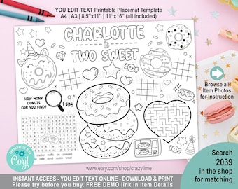 EDITABLE Donut Two Sweet 2nd Birthday Party Placemat. Personalised Coloring Game Activity Table Decoration. Printable Digital. Corjl 2039