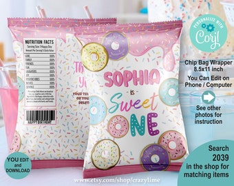 EDITABLE Donut Sweet One 1st Birthday Chip Bag Wrapper Template. Personalised Party Favors Treat. Pastel Printable Snack Goodie. Corjl 2039