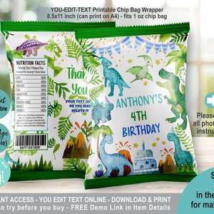 EDITABLE Dinosaur Birthday Chip Bag Wrapper Template. Cute Dino T-rex Party Favor. Personalised Name Party Treat Package Download K017