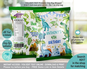 EDITABLE Dinosaur Birthday Chip Bag Wrapper Template. Cute Dino T-rex Party Favor. Personalised Name Party Treat Package Download K017