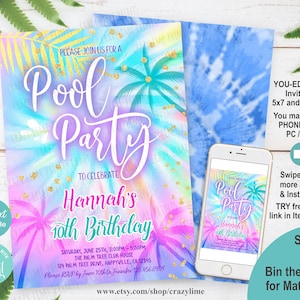 Girl Pool Party Invitation Editable Template. Pastel Rainbow Tie Dye Summer Birthday Invite. Any Age Edit w Corjl Printable Digital S004