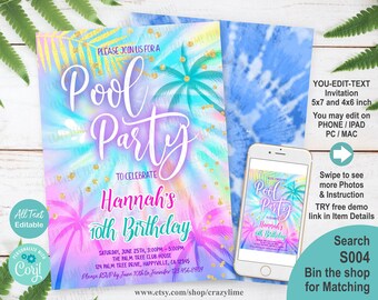Girl Pool Party Invitation Editable Template. Pastel Rainbow Tie Dye Summer Birthday Invite. Any Age Edit w Corjl Printable Digital S004