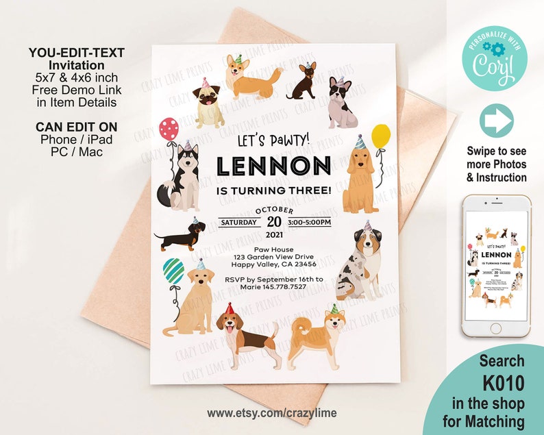 Dog Birthday Party Invitation. Puppy Pawty Invitation. Dogs Etsy
