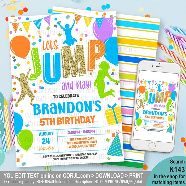 Jump Invitation. Editable Jump Birthday Party Invite. Boy Trampoline Bounce House.  Let's Jump & Play Pastel Pink Purple Download. K143