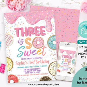 Bewerkbare donut drie is zo lief uitnodigingssjabloon voor verjaardagsfeestje. Afdrukbare digitale meisje 3e verjaardag uitnodiging pastel regenboog strooi 2039