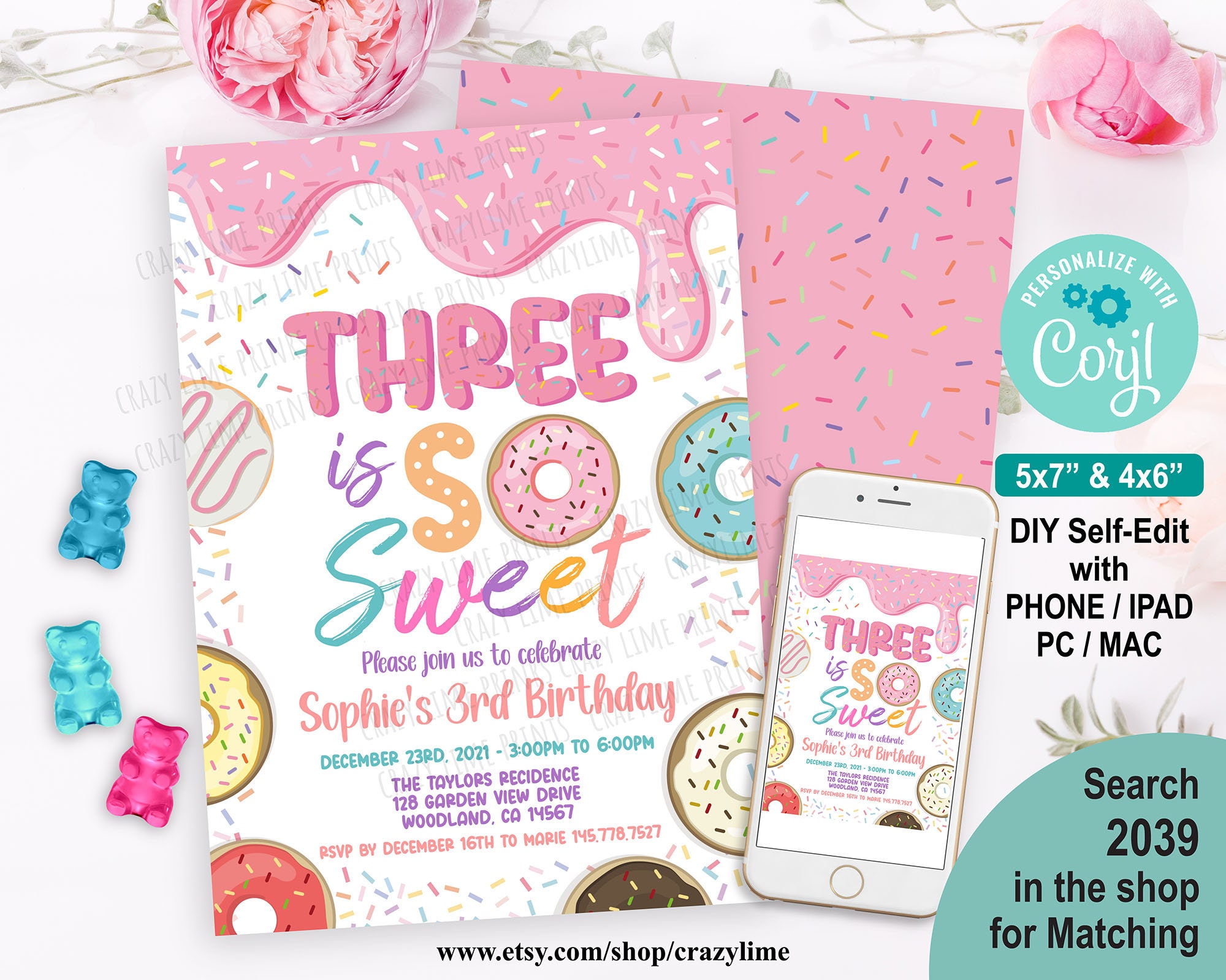 Editable Donut Three Is So Sweet Birthday Party Invitation Template. Printable Digital Girl 3rd Birthday Invite Pastel Rainbow Sprinkle 2039