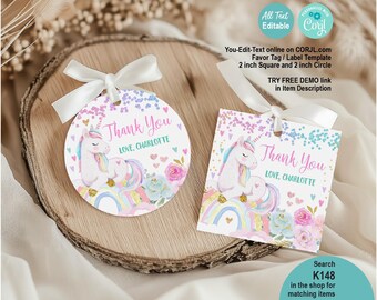 EDITABLE Unicorn Birthday Party Favor Tag. Round Circle Square StickerThank You Label Template. Pink Pastel Watercolor Rainbow Magical K148