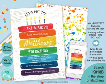 Art Birthday Party Invitation. Editable Kids Painting Party Invite. Canvas Craft Crayon Rainbow Brush Bright Color Printable. Corjl K018B