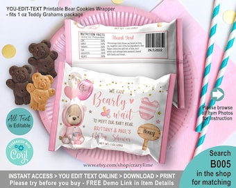 EDITABLE Pink Girl Bear Baby Shower Teddy Cookies Wrapper Template. Personalised We Can Bearly Wait Party Favors Treat Snack. Corjl B005