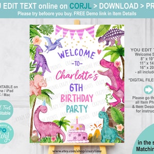 Editable Girl Dinosaur Birthday Party Welcome Sign. Pink Dino T-Rex Dinosaur Birthday Party Signage Poster Decoration Digital Printable K017