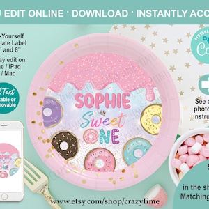 Editable Donut Sweet One Plate Label Template. Printable 1st Birthday Party Table Decor. Pastel Pink Drip Sprinkles Charger Plate Cover 2039