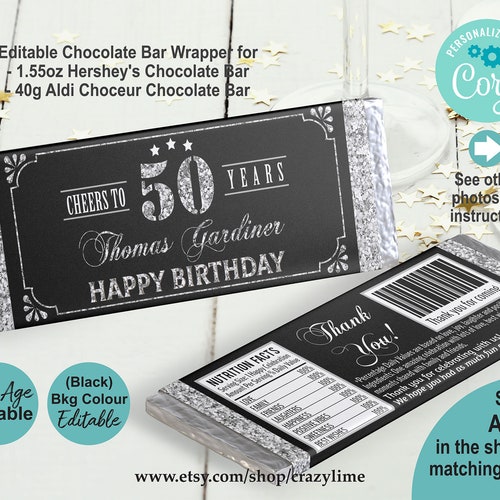 EDITABLE 50th Birthday Chocolate Candy Bar Wrapper - Etsy