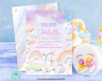 EDITABLE Unicorn Birthday Invitation. Pastel Rainbow Sparkles and Gold Glitter Invite. Elegant Any Age Template Corjl Instant Download K148