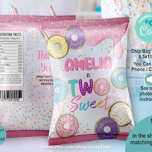EDITABLE Donut Two Sweet Birthday Chip Bag Wrapper Template. Personalised Party Favors Treat. Pastel Donut Printable Snack Goodie Corjl 2039