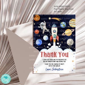 EDITABLE Outer Space Thank You Card Template 5x7" Flat. Astronaut Planets Galaxy Rocket Blast Off Theme. Kid Boy Birthday Printable K153