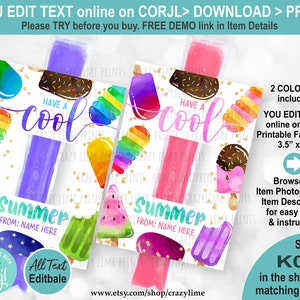 EDITABLE Popsicle Tag Have a Cool Summer. End of School Year Freeze Pop Holder. Ice Pop Card Personalised School Kid Class Gift  Label K024