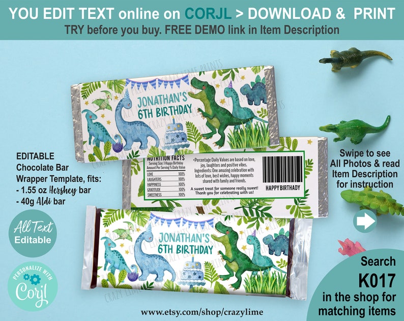 Editable Dinosaur Birthday Chocolate Candy Bar Wrapper Printable ...
