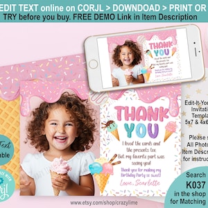 Editable Icecream Thank You Card with Photo. Ice-cream Sprinkles. 3 Scoops of Fun Ice Cream. Printable Digital Girl Birthday Party Drip K037