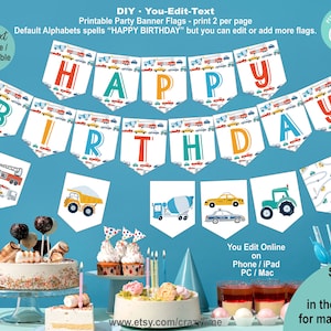 EDITABLE Transportation Happy Birthday Party Banner. Kid Boy Cars and Trucks Theme Party Flags. Personalised Digital Printable File. K006