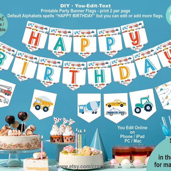 EDITABLE Transportation Happy Birthday Party Banner. Kid Boy Cars and Trucks Theme Party Flags. Personalised Digital Printable File. K006