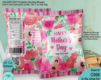 EDITABLE Happy Mother's Day Chip Bag Wrapper Template. Pink Floral Rose Party Favors Candy Crisp Treat Label. Personalised Text Name C006