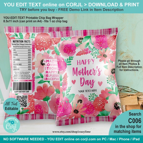 EDITABLE Happy Mother's Day Chip Bag Wrapper Template. Pink Floral Rose Party Favors Candy Crisp Treat Label. Personalised Text Name C006