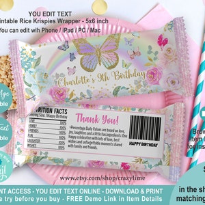 EDITABLE Butterfly Rice Snack Krispie Wrapper Template. Personalised Name Age Printable Crispy Treat. Pastel Girl Birthday Party Favor K014