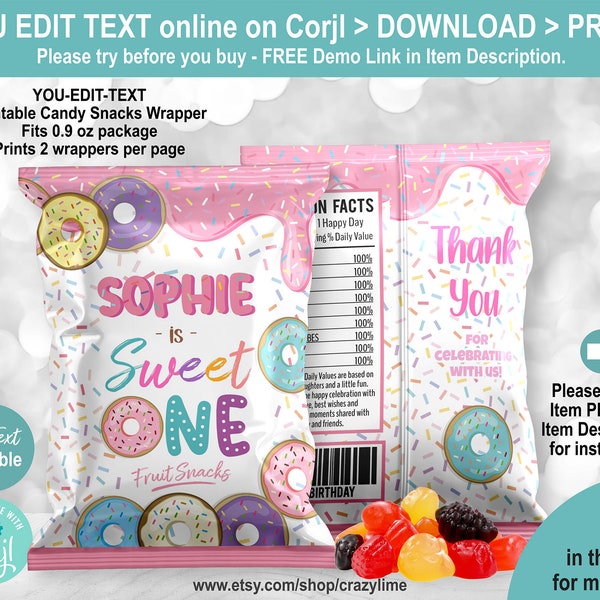 EDITABLE Donut Sweet One Fruit Candy Snack Wrapper Template. Pastel Cute Girl 1st Birthday Party Favor. Personalised Name Party Treat 2039