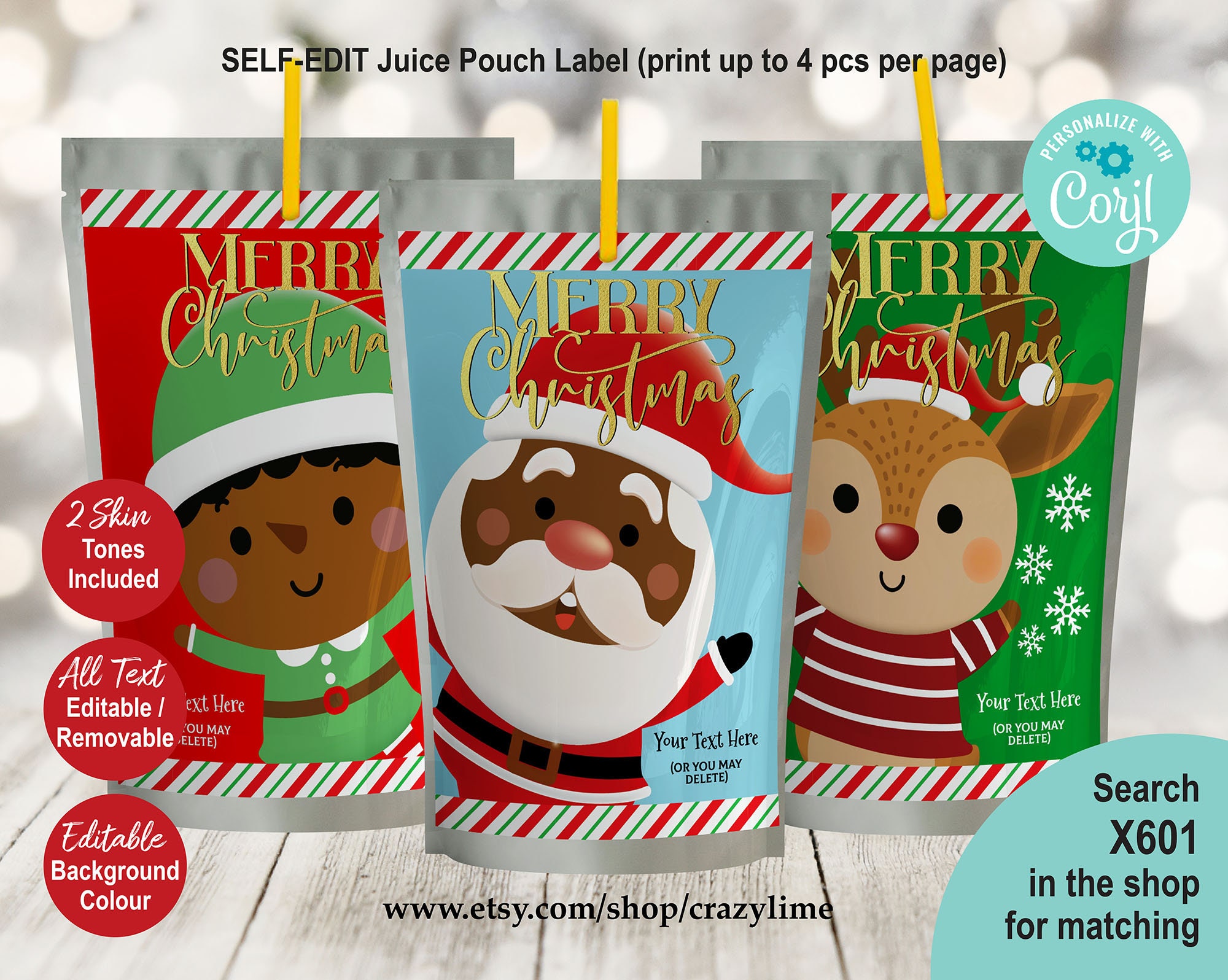 EDITABLE Elf Christmas Juice Pouch Label You Edit w/ Corjl Kids Party Favor X601 Printable Capri Sun Kool-Aid Juice Bag Label Template