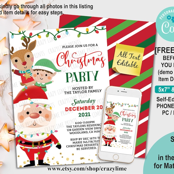 EDITABLE Christmas party invitation Digital Template. Cute Santa Clau Reindeer Elf Kids Party invite. Personalised Online with Corjl X601