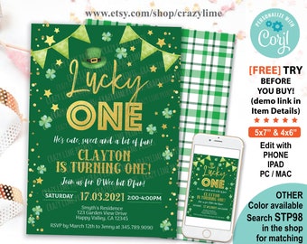 EDITABLE Lucky One Birthday Invitation Template. St Patrick's Day Baby Boy First Birthday Party Invite. Printable Digital Download STP98