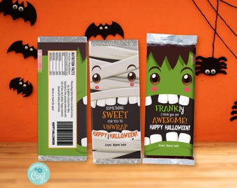 Halloween Chocolate Candy Bar Wrapper. Frankenstein Mummy Costume Party Treat Label Printable EDITABLE Template Personalised Name Text HA933