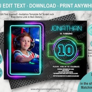 EDITABLE Boy 10th Birthday Photo Invitation Template. Personalised Age Neon Glow In The Dark Party. Digital Printable Invite. Kid Teen 2035