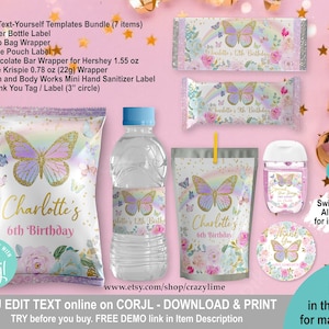 EDITABLE Butterfly Birthday Party Favors Bundle Template. Printable Pink Girl Party Treat. Personalised Name Age DIY Labels Set. Corjl K014