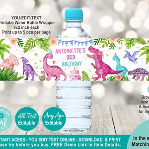 EDITABLE Girl Dinosaur Water Bottle Label Template. Printable Pink Dino Cute T-rex Party Favor. Personalised Birthday Table Decoration K017